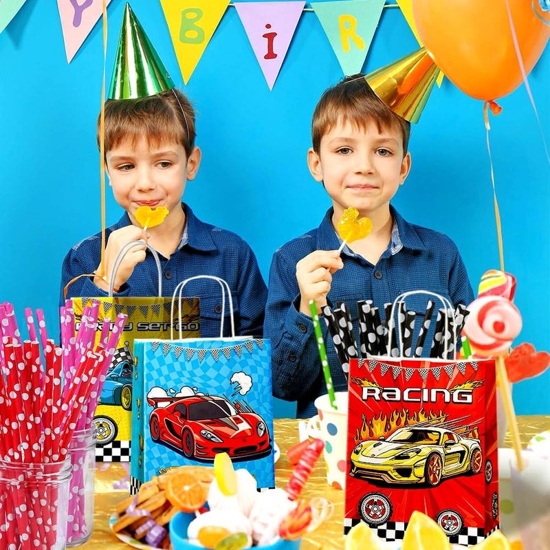 JOYGATHER 24 Pcs Racing Car Party Favor Bags with Handles - Race Car Goodie Bags Gift Bags. Checkered Two Fast Theme Candy Bags for Kids, Kraft Paper Bags for Birthday Party Supplies Decorations - Image 5